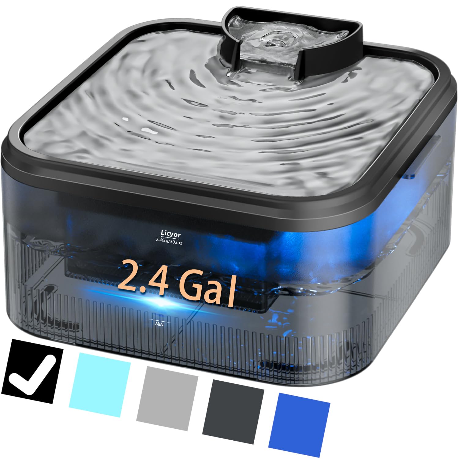 Licyor 2.4Gal/9L Large Dog Water Fountain Pet Water Fountain Ultra Quiet Cat Fountain Water Bowl with Filtration Adapter LED Indicator Water Dispenser for Dogs Cats Multiple Pets BPA-Free